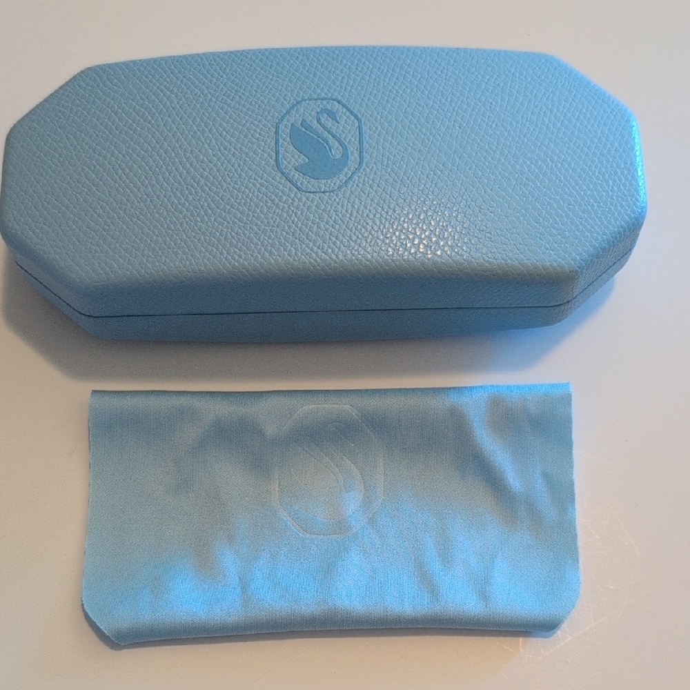 Elegant Blue Swarovski Hard Shell Eyewear Case With Cleaning Cloth, New, 6.75"